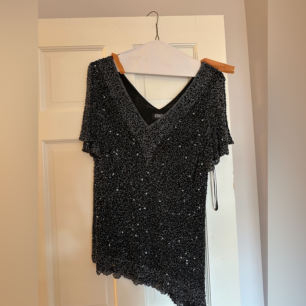 Adrianna Papell Black Beaded Asymmetrical Blouse